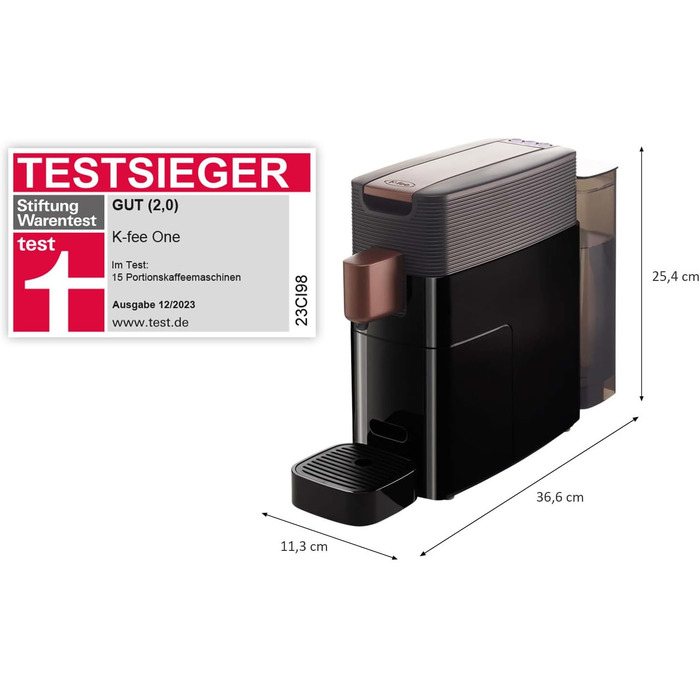 K-FEE ONE капсульна кавомашина для кави, чаю та какао | компактна, швидке нагрівання, 0,8 л бак, 19 Bar, чорний мідний колір | Тест-переможець Stiftung Warentest 2023