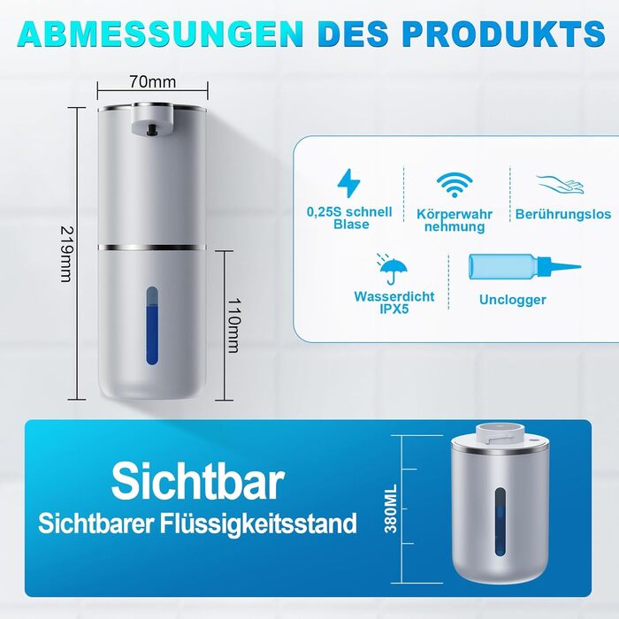 Amyzavls Automatic Soap Dispenser, 380ml Wall Mount Touchless Electric Soap Dispenser with Sensor, USB Rechargeable Foam Soap Dispenser for Bathroom, Kitchen, Office Silver