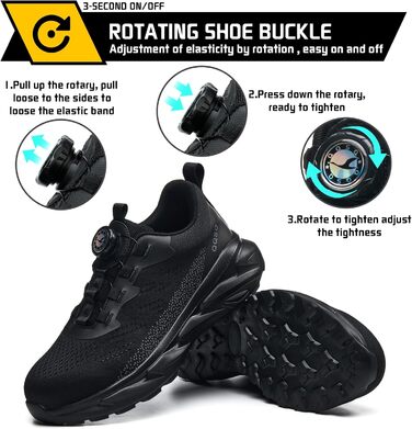 Черевики робочі чоловічі/жіночі, спортивні, дихаючі, анти-удари, зі сталевим підноском, шнурівка, швидка застібка, поворотний замок, 46 EU, чорні