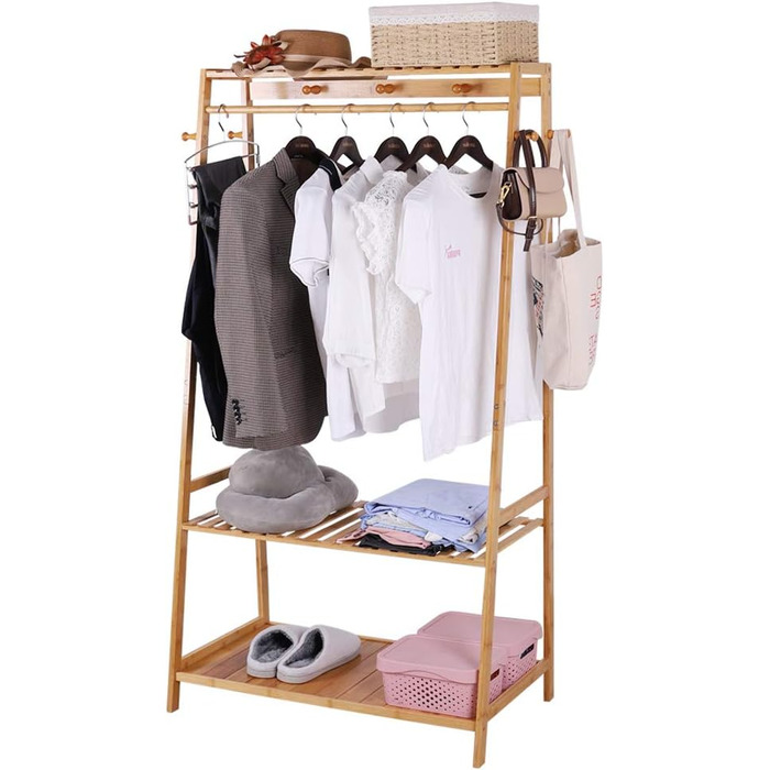 Bamboo Coat Rack, Clothes Rack with 3 Shelves and 10 Hooks, Clothes Rail, for Hallway, Living Room and Office, 80x43.5x165cm