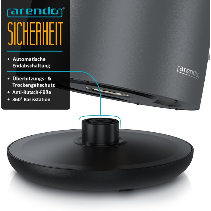 Електричний чайник Arendo з нержавіючої сталі 1.5 л, 2200 Вт, подвійні стінки, 360°, без BPA, захист від перегріву та сухого кипіння, чорний матовий сірий, 1.5 л