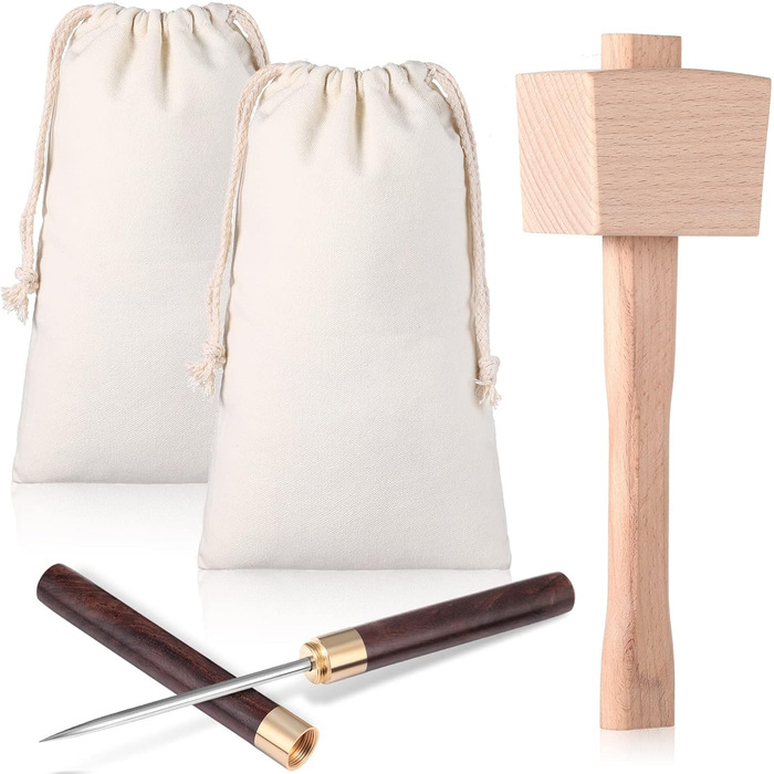 4-Piece Canvas Ice Scraper and Crusher Set with Stainless Steel Ice Pick with Safety Cover, Wooden Handle and Sheath, Wooden Ice Crusher Hammer for Crush Ice Tools Bartender Bar Kitchen Accessories