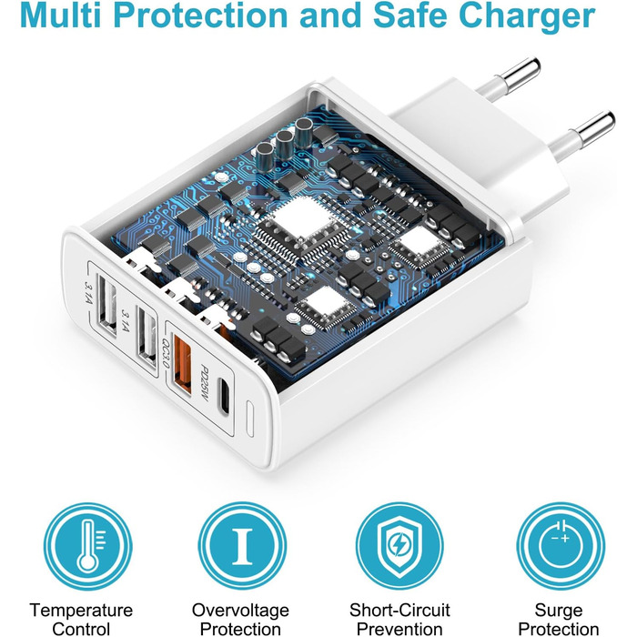 Мережевий зарядний пристрій USB C на 4 порти, 40W, PD&QC3.0, для iPhone, Samsung Galaxy