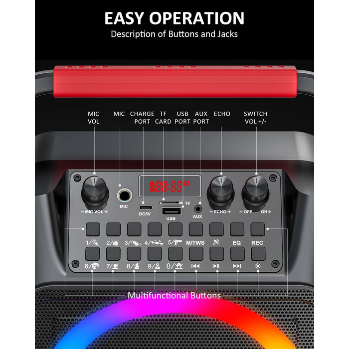 Портативна караоке-машина з 2 мікрофонами та LED-підсвіткою, Bluetooth, AUX, USB, TF, TWS, для вечірок та подарунків (дорослим та дітям)