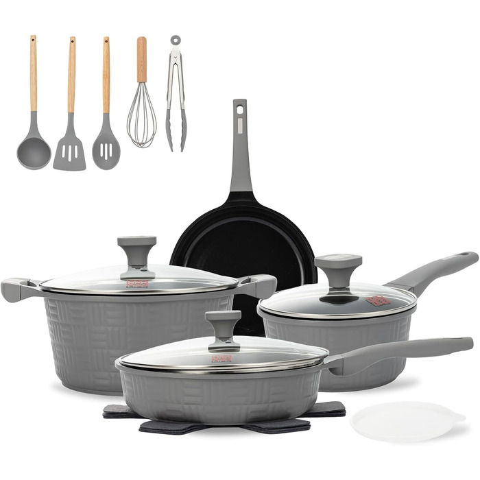 Набір посуду UCCLIFE 17 предметів: каструлі, сковороди з антипригарним покриттям, керамічний набір посуду, антипригарна сковорода, каструля, суповий горщик, нетоксичний, для індукційних плит, кухонний набір, кухонні аксесуари (15 предметів - сірий)