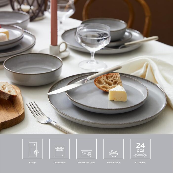 Набір посуду Kutahya Porselen (24 елементи) – 12-ти частинний сервіз для 4 осіб, сучасний порцеляновий посуд, Pearl Grey
