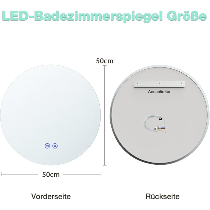 Круглий дзеркало для ванної кімнати з підсвічуванням 80 см, 3 кольори світла, регулювання яскравості, проти запотівання, сенсорне управління, функція пам'яті, LED, енергозберігаючий