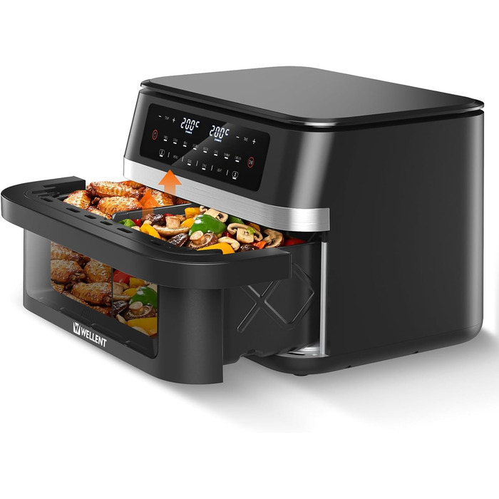 Аерофритюрниця WELLENT 12L Dual Zone XXL - 2950W з двома камерами (6+6L) з оглядовим вікном, функцією Match & Sync, нагадуванням про струшування, придатна для миття в посудомийній машині
