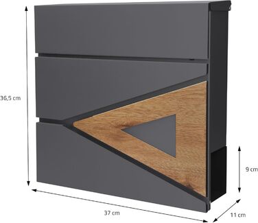 Поштовий ящик ML-Design 37x36,5x11 см антрацит/під дерево, сталевий, з газетницею, замок на 2 ключі, сучасний настінний дизайн