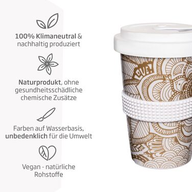 Mahlwerck Coffee-to-go Cup, Porcelain Coffee-to-go Cup with Leak-proof Lid, Design, Grey, 400ml (1 piece (1-pack), Gold)