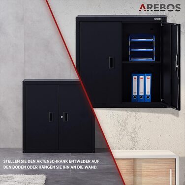 Металевий офісний шафа Arebos, чорний, 90x90x40 см, з регульованою полицею, для зберігання документів і матеріалів