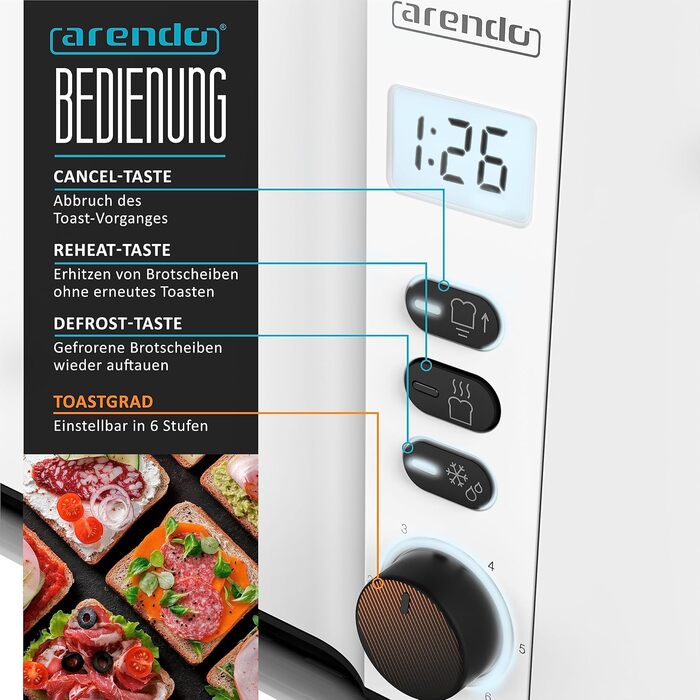 Тостер Arendo з нержавіючої сталі з 4 широкими слотами, подвійними стінками, інтегрованим тримачем для булочок, ступенями підсмажування 1-6, центровкою хліба, автоматичним вимкненням та дисплеєм з індикатором часу. Колір: білий