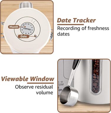Контейнер для кави 1800 мл з прозорим вікном, з нержавіючої сталі, з ложкою, білий, для кавових зерен, чаю, горіхів, какао