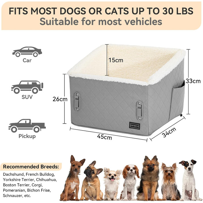 Автомобільний лежак для собак PETFIT - піднятий на 12.5 см, з патентованою системою безпеки, знімний чохол, для собак до 12 кг, біля пасажирського сидіння та на задньому сидінні (Світло-сірий, S)