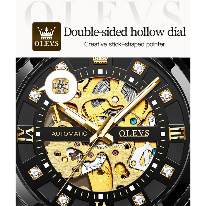 Чоловічий годинник OLEVS Skeleton Automatic — механічний скелетон з автопідзаводом, водонепроникний, сталевий корпус, люмінесцентна підсвітка (Чорний)