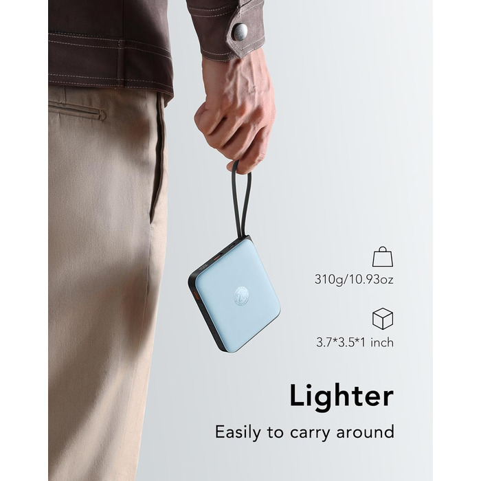 Power Bank VRURC 20000mAh з кабелем: компактний, швидка зарядка, 4 виходи, LED-дисплей, блакитний. Сумісний з iPhone, Huawei, Samsung.