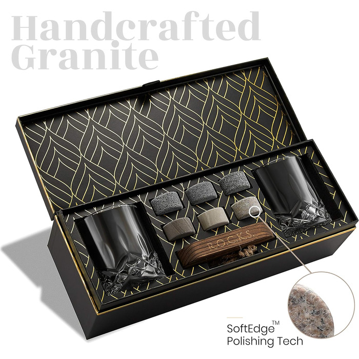 Набір для віскі Rocks: 6 гранітних каменів, 2 склянки, дерев'яний піднос, подарункова коробка з фольгою