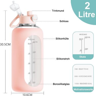 2 Liter Glass Drinking Bottle, 2L Glass Bottle, Glass Water Bottle with Straw, Bottle Brush (Pink)