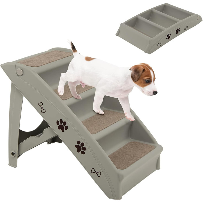 COSTWAY 4-Step Pet Stairs with Carpet, Dog Stairs Plastic Cat Stairs Folding, Portable Dog Ramp Pet Stairs for Dogs and Cats, Pet Ramp for Climbing and Scratching (Gray)
