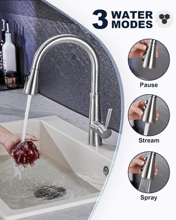 Змішувач кухонний iVIGA висувний з дозатором, водоспад, 360° поворот, 3 режими, щітене нікель