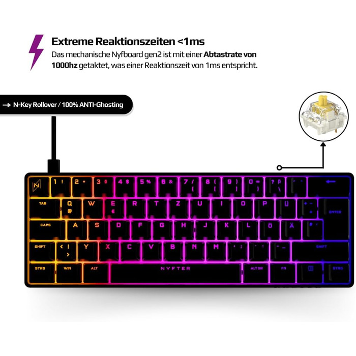 Механічна ігрова клавіатура Nyfter NYFBOARD GEN2 60% Black - Gateron Yellow, Hot-Swappable, RGB, ISO DE Layout