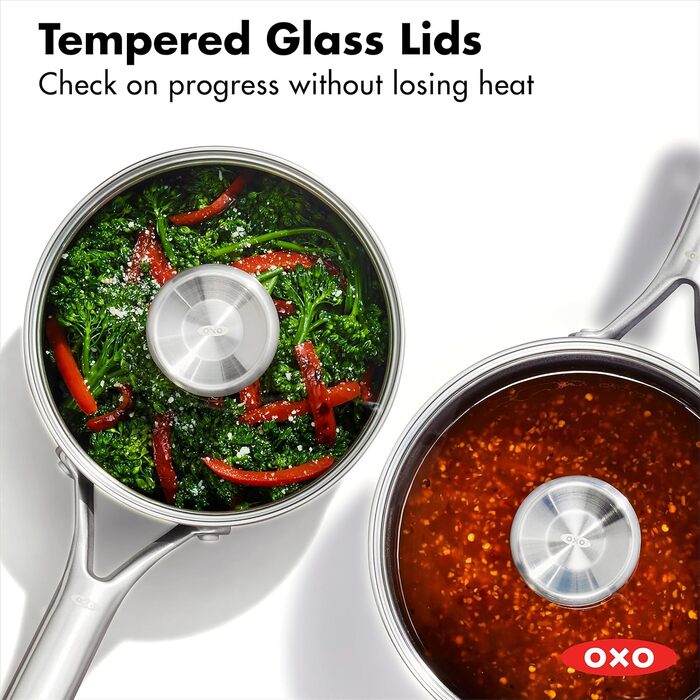 Набір кухонного посуду OXO Professionelles 5-piece з керамічним покриттям, індукційний, з нержавіючої сталі, без PFAS, діамантова обробка, для посудомийної машини (2.3QT та 1.7QT каструлі з кришками)