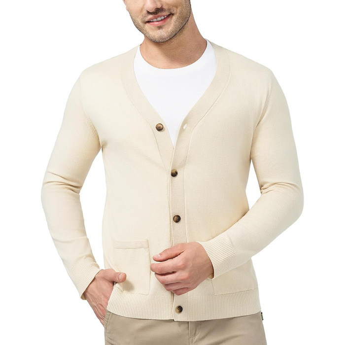 Чоловічий светр з V-подібним вирізом KUYIGO, в'язаний, з ґудзиками, з кишенями, легкий, м'який, apricot (3XL, XL)