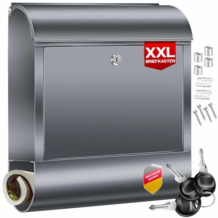 Поштовий ящик настінний KESSER XXL нержавіюча сталь, з газетницею, замок (3 ключі), антрацит