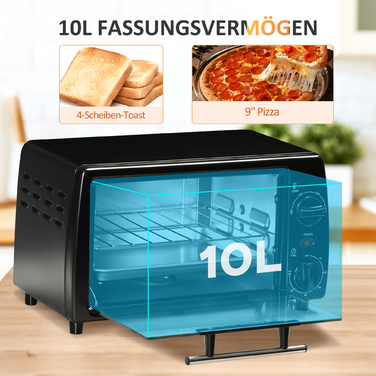HOMCOM Міні-духовка 10 л, 750 Вт, до 230°C з таймером 60 хв, невелика електродуховка з декою та решіткою 36,5x26x22 см, чорна