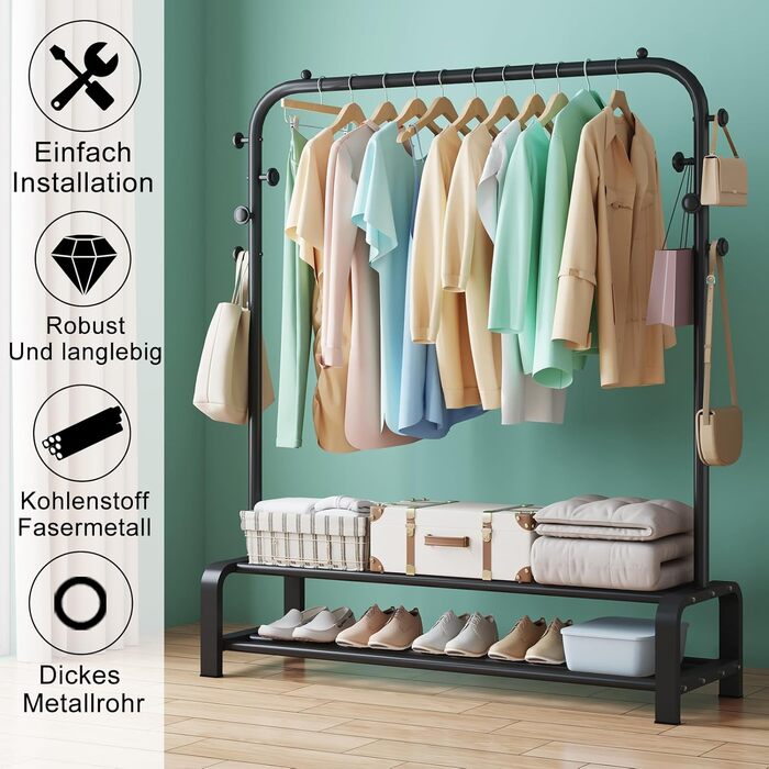 Clothes Rack, Coat Rack Stable Clothes Rail with 6 Hooks and 2 Shoe Shelf Storage Shelf, Bedroom Clothes Rack Freestanding Clothes Rail, Black