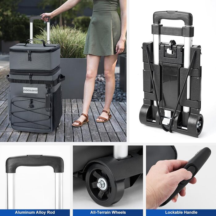 Термосумка Odoland 72 літри з колесами та ручкою – сіра. Ізольована сумка-холодильник для пікніка, пляжу, кемпінгу, подорожей. Витримує 72 банки. Водонепроникна та витікання не допускає.