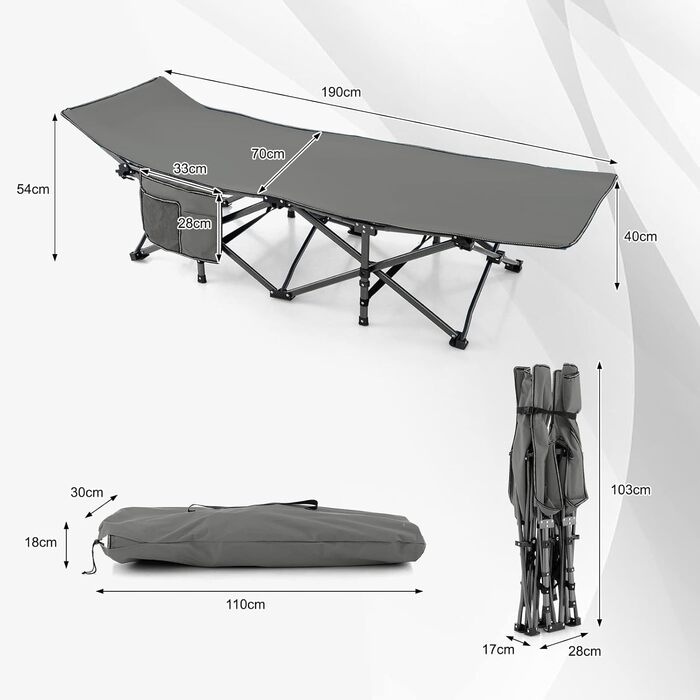 Складне кемпінгове ліжко GYMAX 185x67x54 см, сіре. Легке, портативне, з кишенею, до 270 кг, Oxford-тканина.