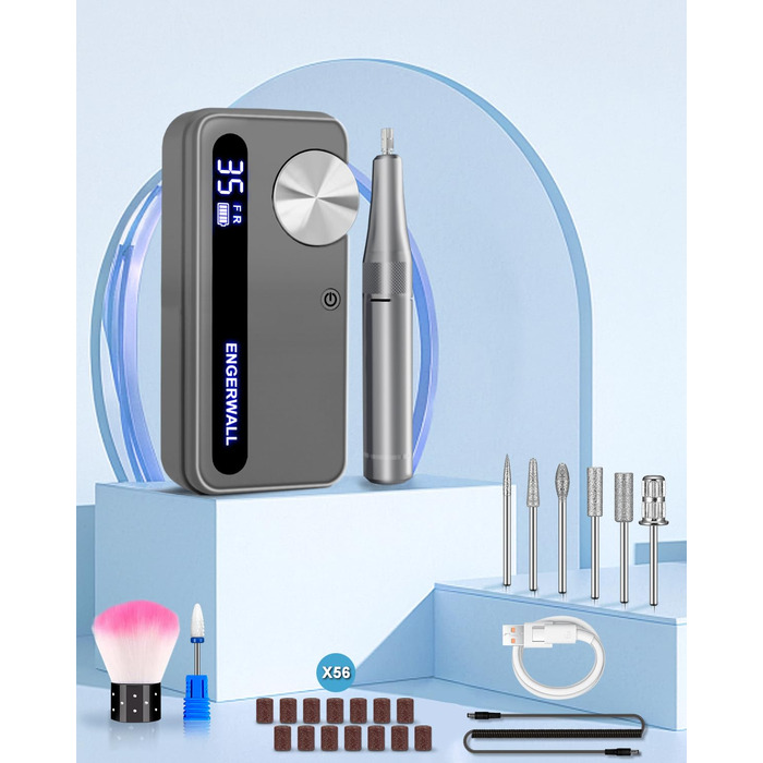 Професійний фрезер для нігтів ENGERWALL 35000 об/хв, акумуляторний, для гелю та акрилу, електричний, манікюрний набір з 7 насадок та 56 шліфувальних стрічок, темно-срібний, портативний