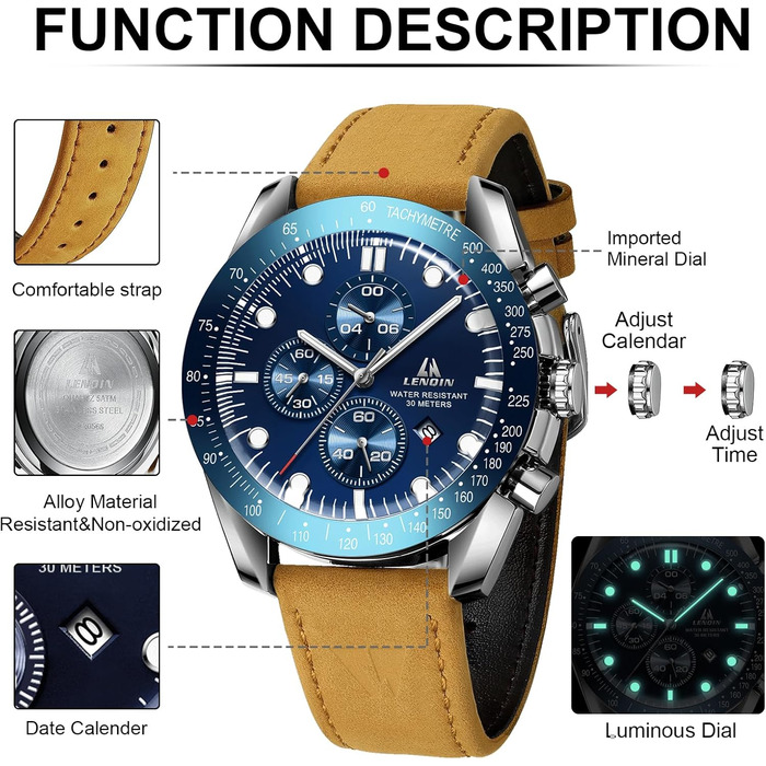 Годинник чоловічий LN LENQIN аналоговий кварцовий з датою, водостійкий 30M, модальний, повсякденний, коричневий, сріблястий, блакитний, без хронографа