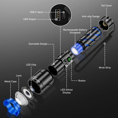 Ліхтар LED акумуляторний 500000 люмен, надпотужний ліхтар з акумулятором 5000 mAh та LCD-індикатором заряду, 3 режими освітлення, з функцією зуму, для кемпінгу та відпочинку на природі (чорний)