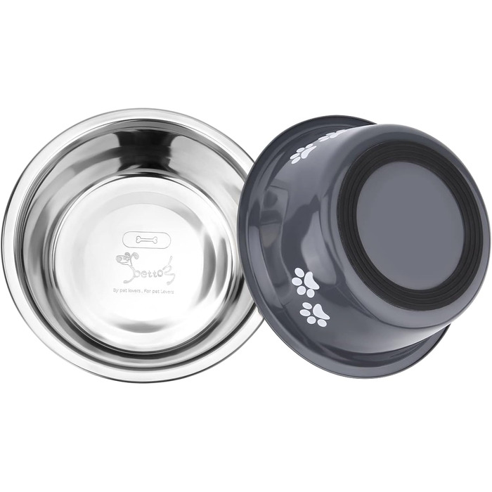 PETTOM Миски для собак з нержавіючої сталі, 2 шт. (3120 мл), миски для корму та води для собак великих, середніх та маленьких порід, з неслизьким силіконовим дном, сірого кольору, розмір M - 21 см