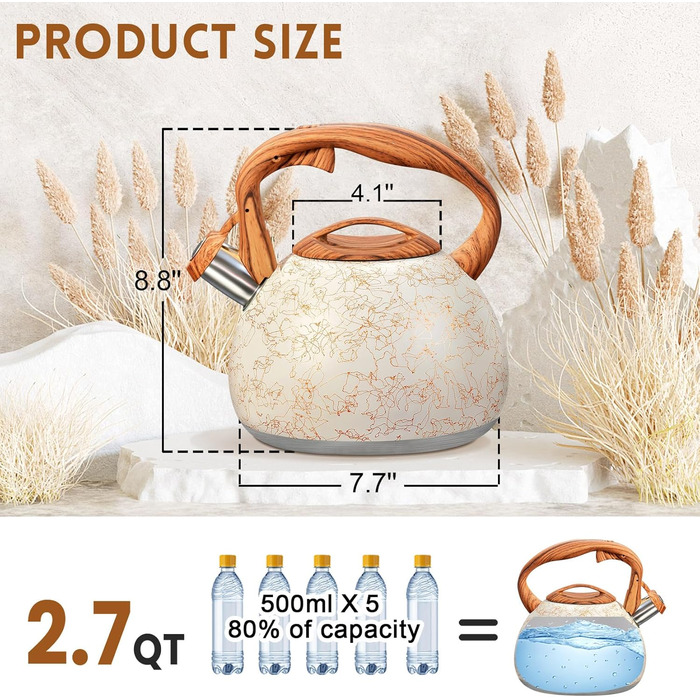 Чайник для плити GGC, 3.1 л / 3 л, з свистком, для води, кави, молока, градієнт сірого та чорного кольорів, з дерев'яною ручкою, з нержавіючої сталі, для дому (White Art Line)