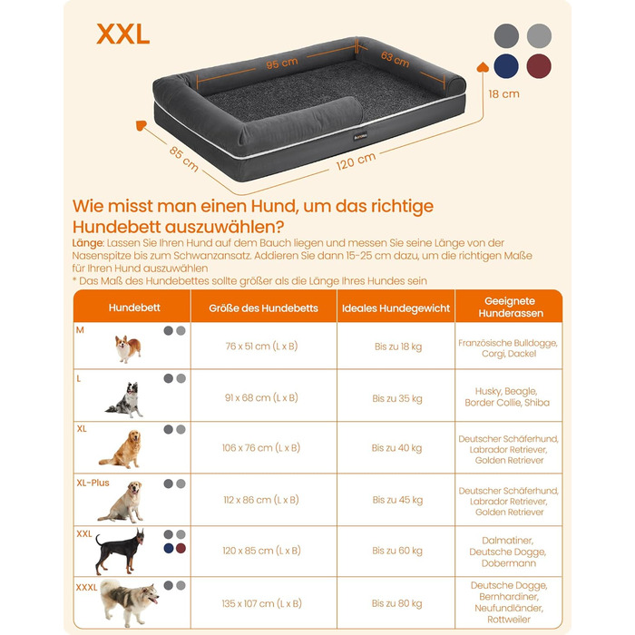 Ортопедичне ліжко для собак Feandrea, м'яке, з піднятими бортиками, 91 x 68 x 18 см, знімний чохол, антиковзаюча підкладка