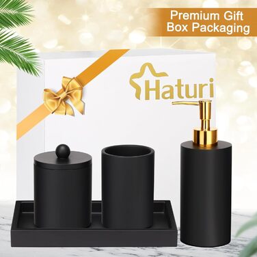Haturi Bathroom Accessories Set, 4-Piece, Glass Bathroom Accessories Set, Complete with Lotion Soap Dispenser, Toothbrush Holder, Apothecary Jar, Vanity Tray, Bathroom Decor, Gift for (Black)