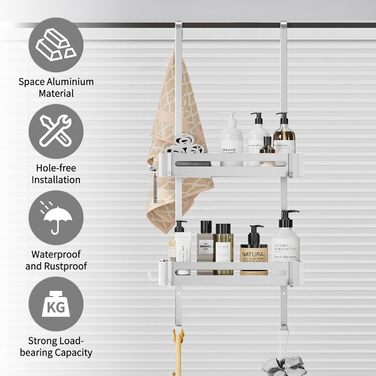 AIGOCITY Shower Shelf for Hanging Without Drilling for Glass Shower Doors, Silver, with 6 Hooks for Frameless Glass Door, Stainless Steel