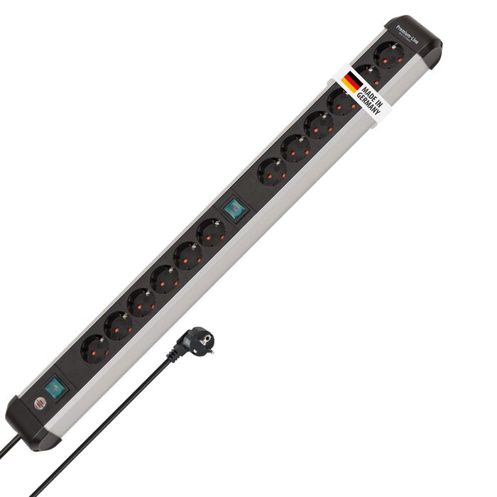 Бренненштуль Преміум-Алю-Лайт Розподільник розеток 12-фазний з алюмінію (багаторозетова панель з 2 вимикачами та 3м кабелем, Made in Germany), Нова версія Single