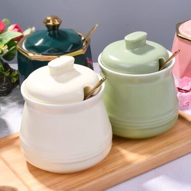 Sugar bowl with lid and spoon, ceramic sugar bowl, multifunctional sugar container, spice container, salt shaker, spice dishes, sugar bowl for the kitchen, storage (yellow)