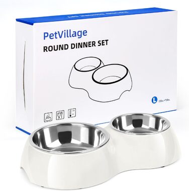 Набір мисок для собак Petvillage з нержавіючої сталі, подвійний набір мисок з антиковзким покриттям (113 г x 2) та міцним підставкою з смоли, годівниця для цуценят, кошенят та маленьких собак (Великий, Білий/Розкішний сад)