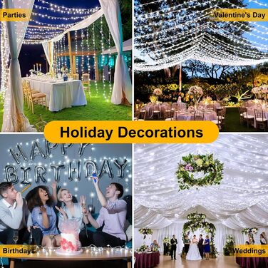 Різдвяна гірлянда з пультом дистанційного керування, 10 м, 100 LED, вологостійка для зовнішнього використання, 8 режимів. Ідеально підходить для садів, вечірок, терас та балконів, святкова декор. (Холодне біле світло, 10м, 100 LED)