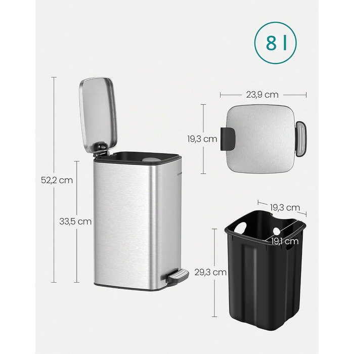 Смітник для ванної кімнати SONGMICS PLUSHIC LTB590B0602, педальний відро з кришкою Softclose, сталевий, 8 л, сріблястий металік