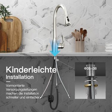 Кухонний змішувач Rainsworth з висувною лійкою та душем, високопродуктивний, з двома типами струменя, поворотний на 360°, з нержавіючої сталі, проста установка, висота 56 см