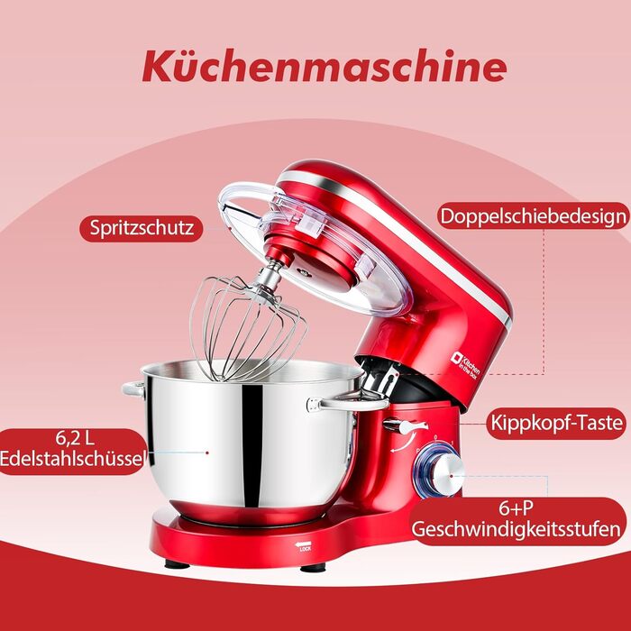 Кухонна машина Küchenmaschine 6.2 л, 1400 Вт, 6 швидкостей з набором насадок (міксер, гак для тіста, вінчик)