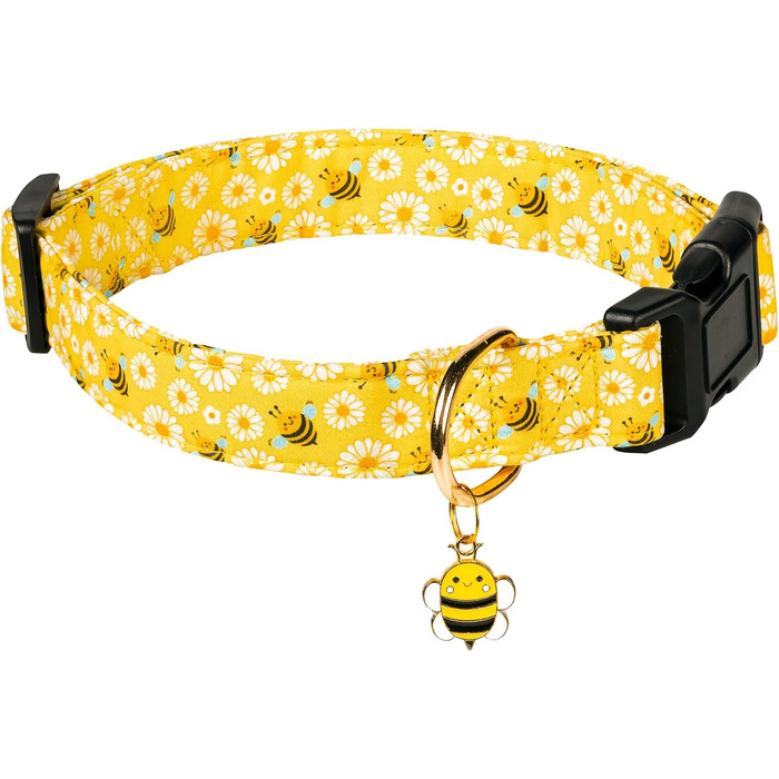 Нашийник для собак з бавовни, жовта бджілка – квітковий принт – м'який та зручний – регульований – великий розмір – унісекс – для великих собак, розмір L