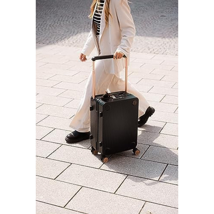 Чемодан ручної поклажі на колесах 35x22x55 см, міцний дорожній чемодан, корпус з полікарбонату, TSA-замок, ідеальний для ручної поклажі, чорний/шампань рожевий