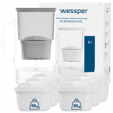 Скляний фільтр-кувшин Wessper D2 BOROSILICATE 3л, сірий + 7 фільтрів